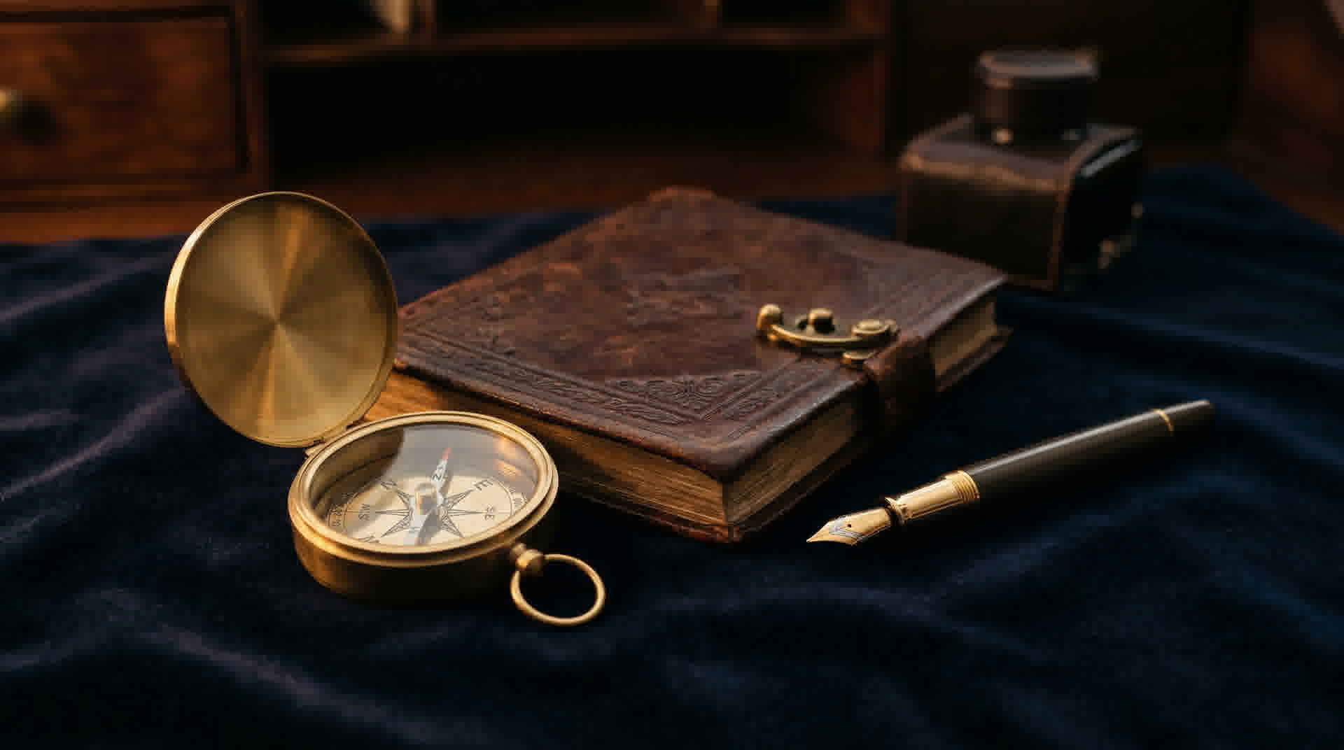 Brass compass and leather journal representing careful insurance planning